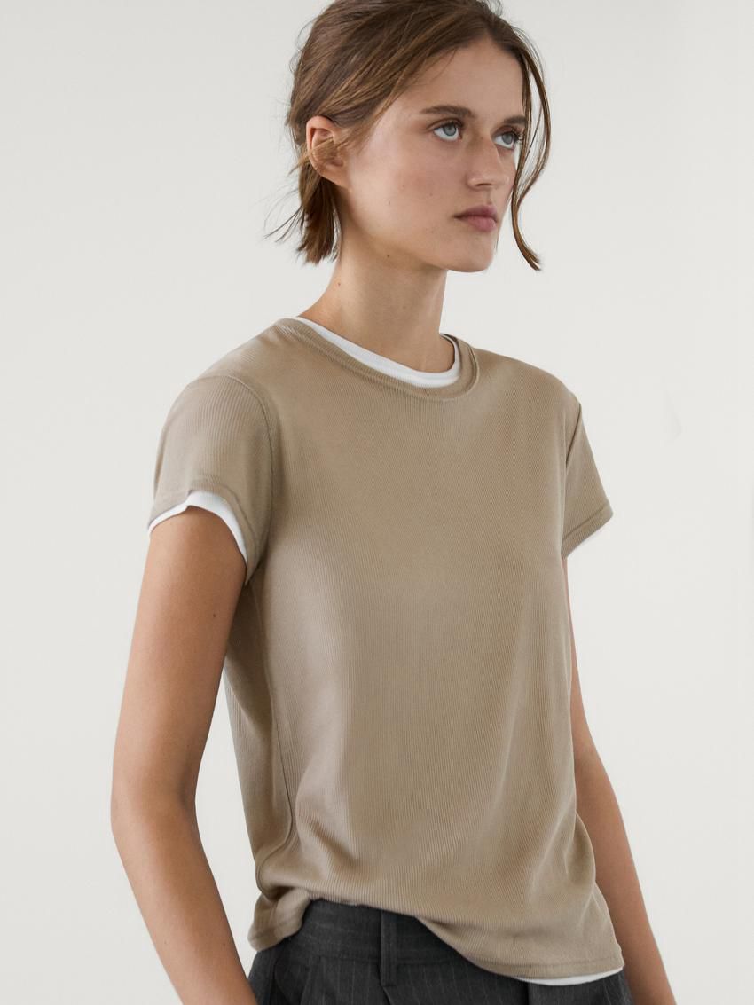Massimo Dutti Cotton Double-ribbed Women T-Shirt Brown Beige | US-BX2796430