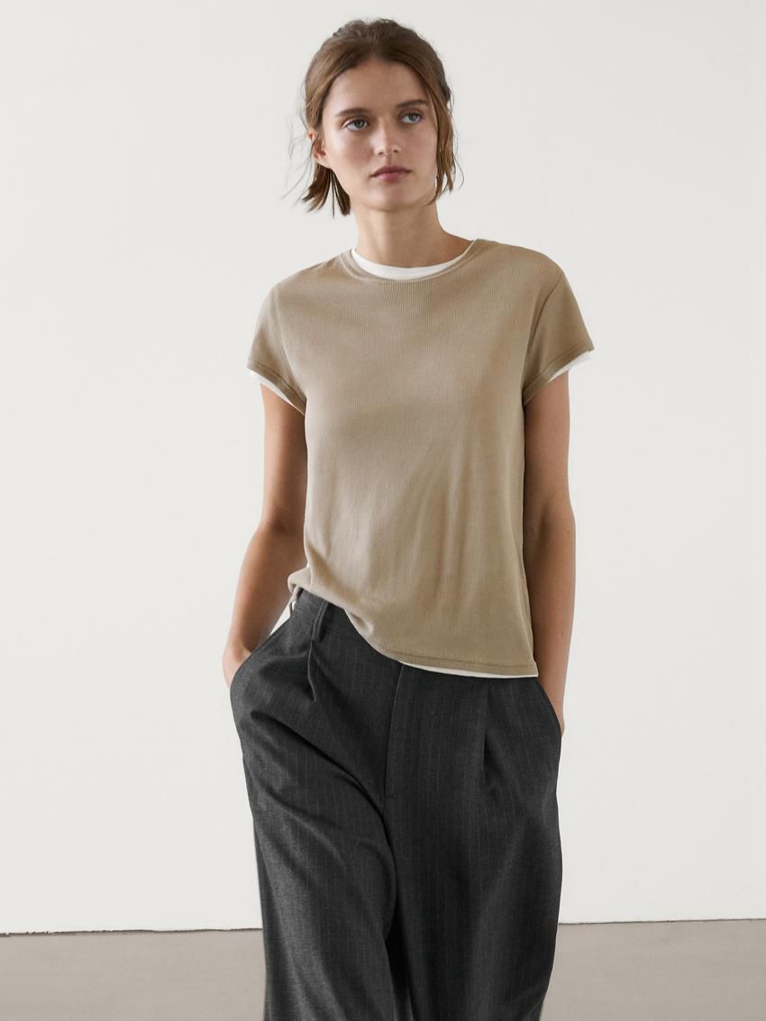 Massimo Dutti Cotton Double-ribbed Women T-Shirt Brown Beige | US-BX2796430