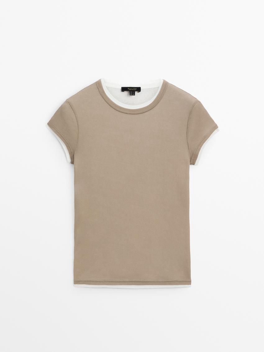 Massimo Dutti Cotton Double-ribbed Women T-Shirt Brown Beige | US-BX2796430