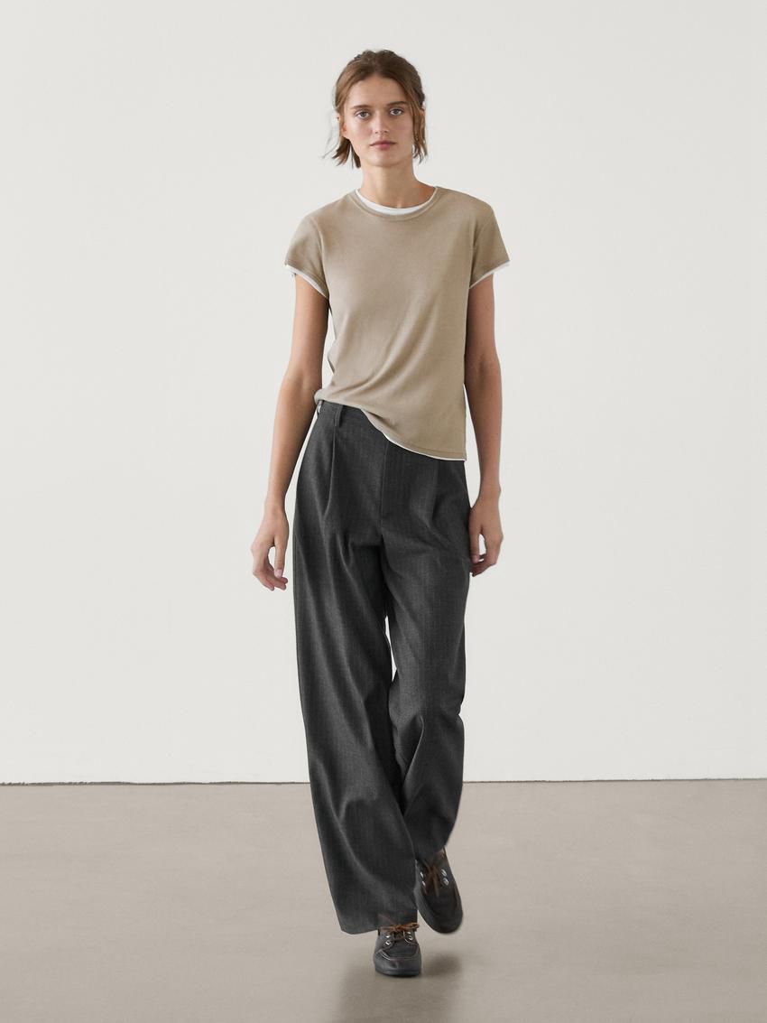 Massimo Dutti Cotton Double-ribbed Women T-Shirt Brown Beige | US-BX2796430