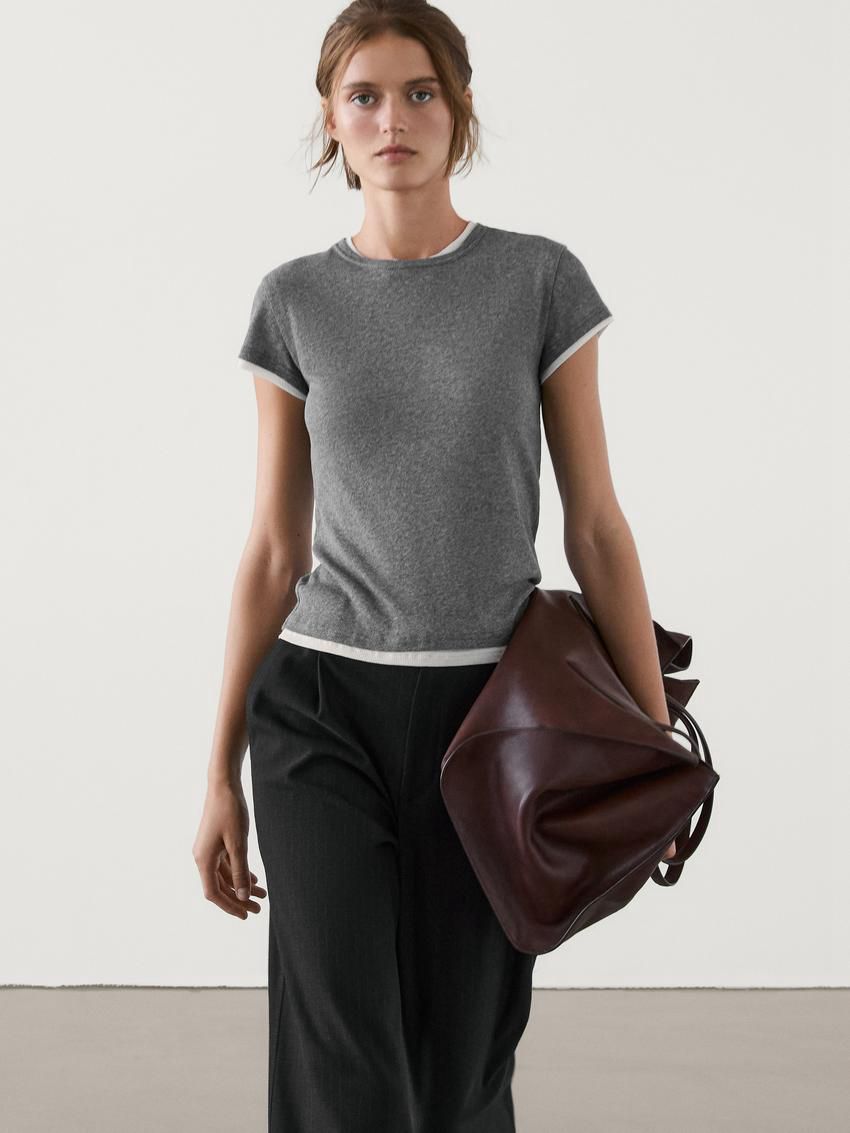 Massimo Dutti Cotton Double-ribbed Women T-Shirt Grey | US-KB3912506
