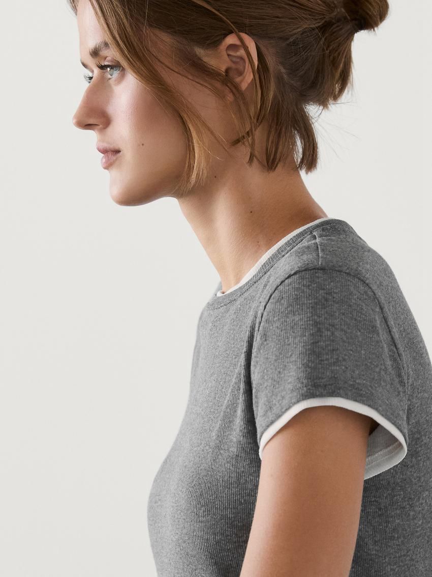 Massimo Dutti Cotton Double-ribbed Women T-Shirt Grey | US-KB3912506