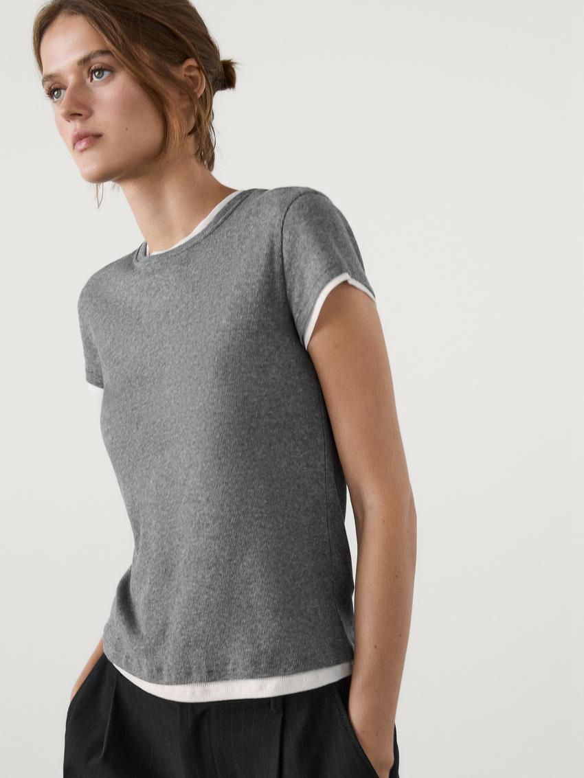 Massimo Dutti Cotton Double-ribbed Women T-Shirt Grey | US-KB3912506
