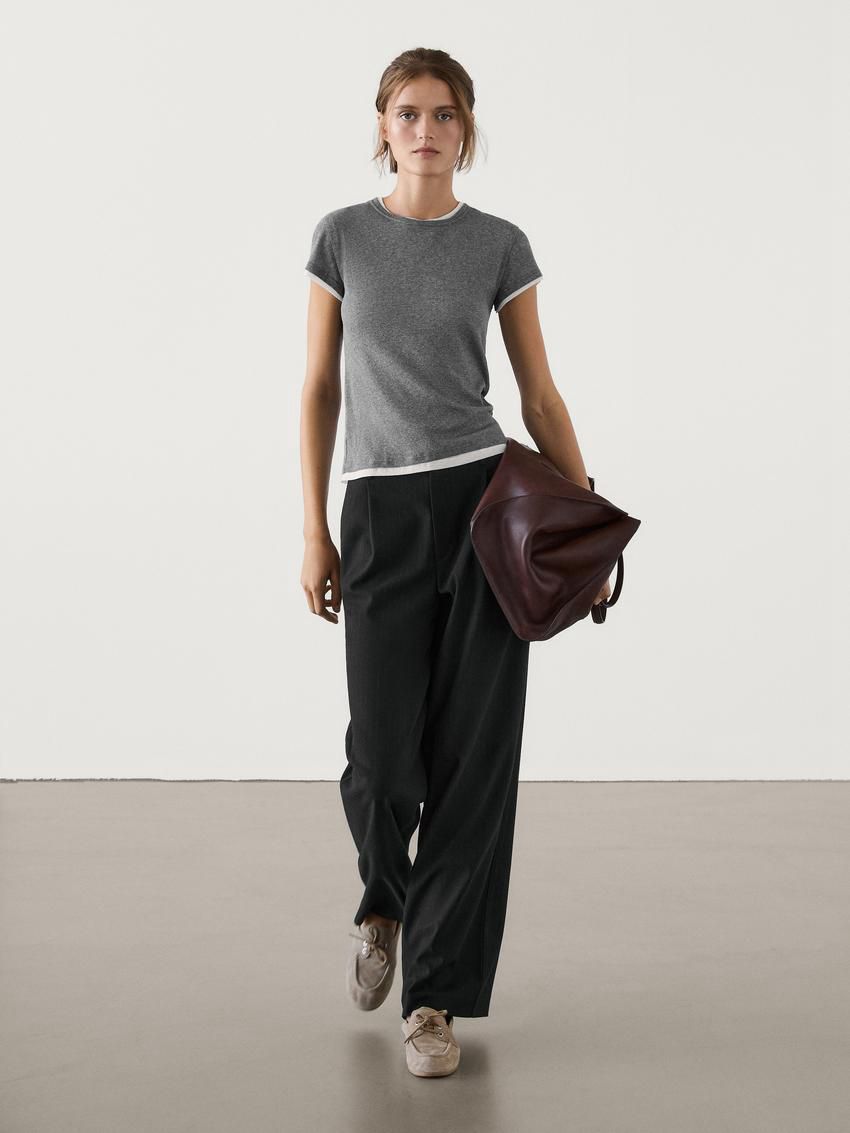 Massimo Dutti Cotton Double-ribbed Women T-Shirt Grey | US-KB3912506