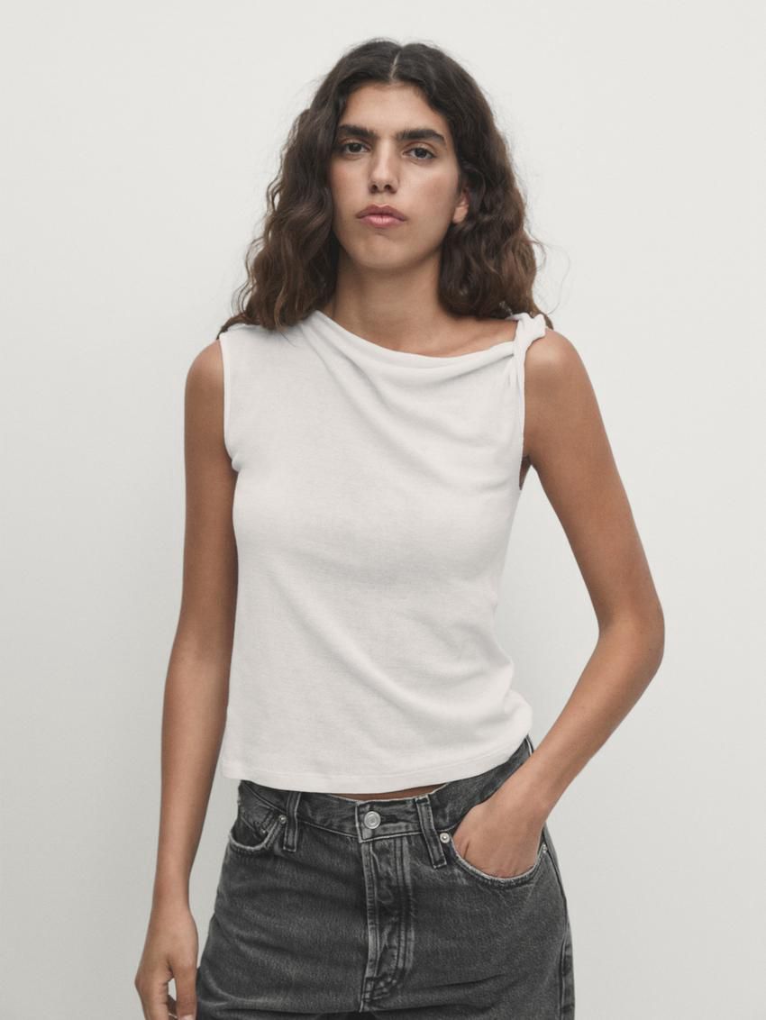 Massimo Dutti Cotton Draped Shoulder Women Top White | US-HE7281543