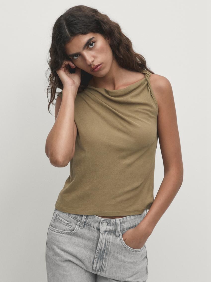 Massimo Dutti Cotton Draped Shoulder Women Top Olive | US-MD9523481