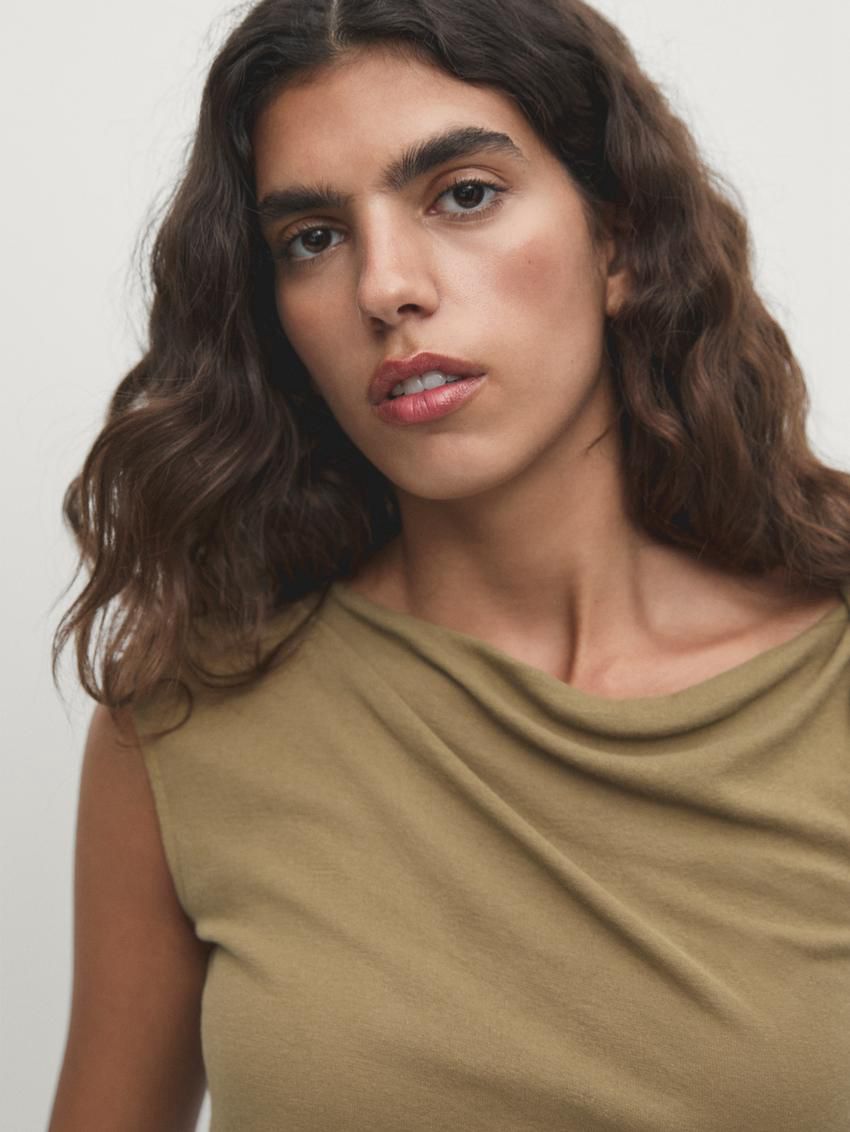 Massimo Dutti Cotton Draped Shoulder Women Top Olive | US-MD9523481