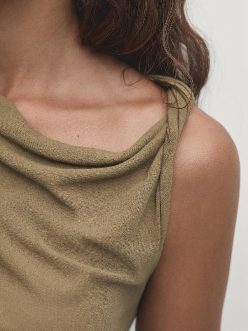 Massimo Dutti Cotton Draped Shoulder Women Top Olive | US-MD9523481