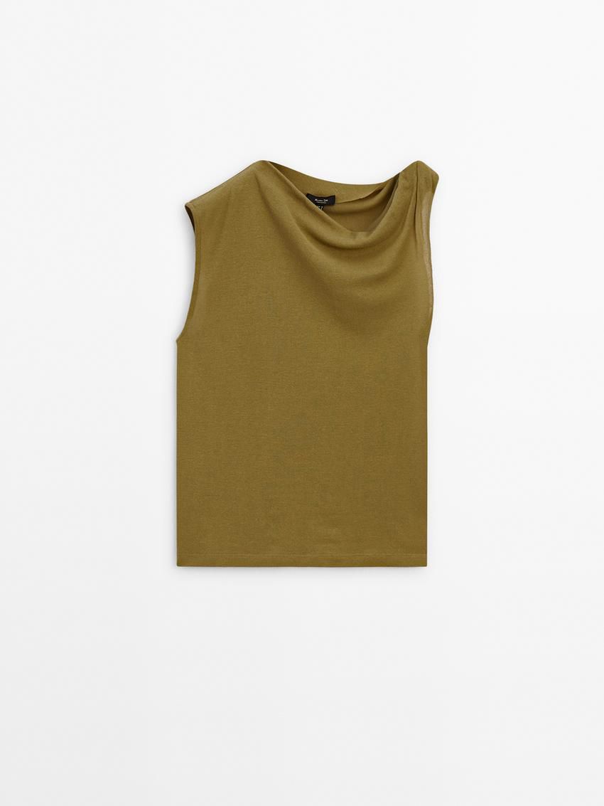 Massimo Dutti Cotton Draped Shoulder Women Top Olive | US-MD9523481