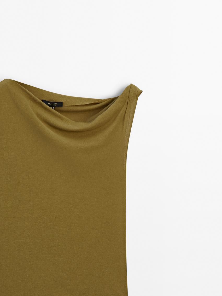 Massimo Dutti Cotton Draped Shoulder Women Top Olive | US-MD9523481