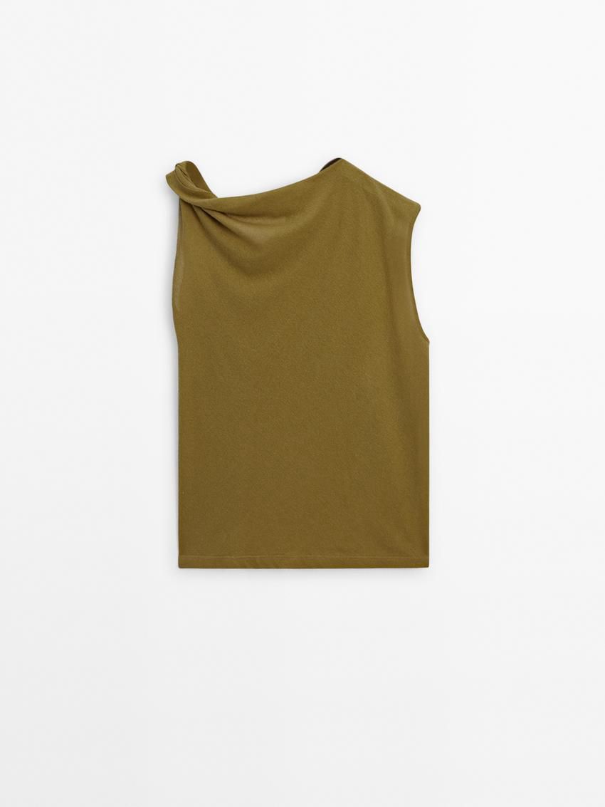 Massimo Dutti Cotton Draped Shoulder Women Top Olive | US-MD9523481