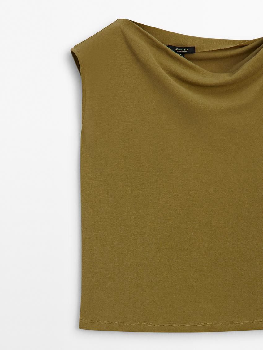 Massimo Dutti Cotton Draped Shoulder Women Top Olive | US-MD9523481