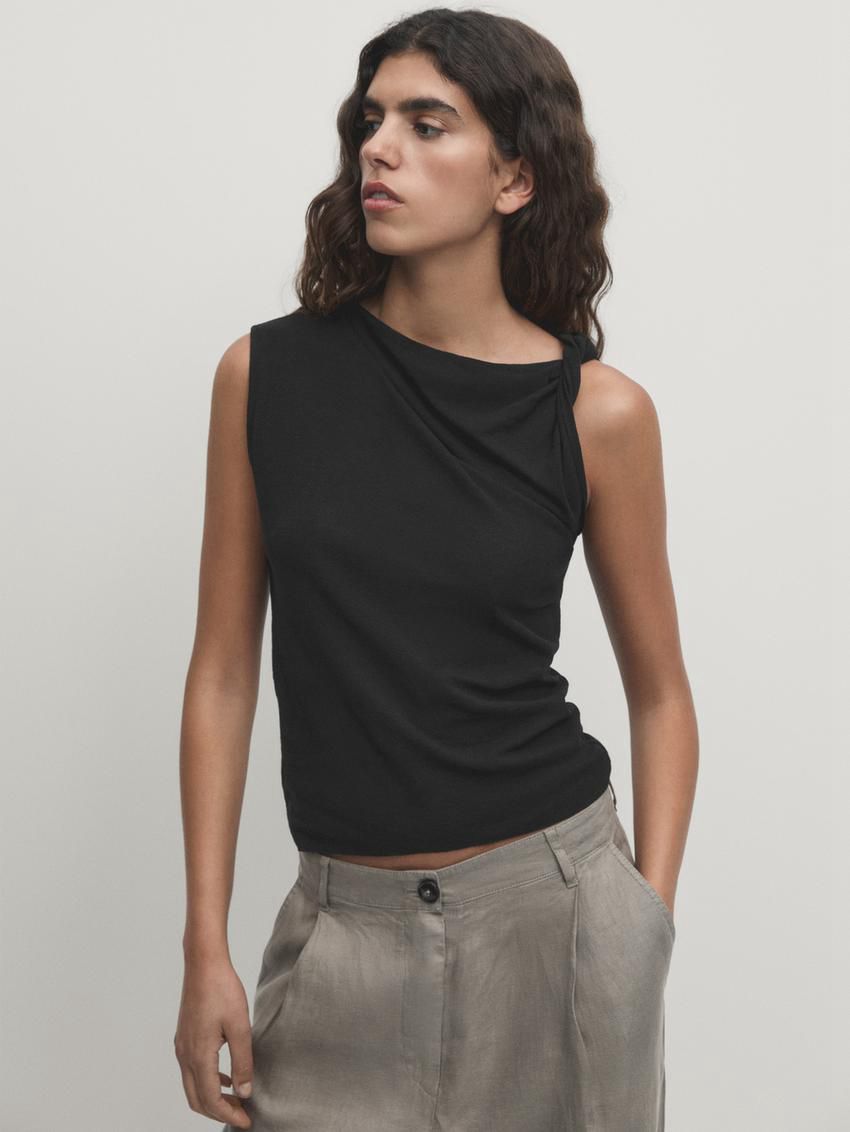 Massimo Dutti Cotton Draped Shoulder Women Top Black | US-YB8273156