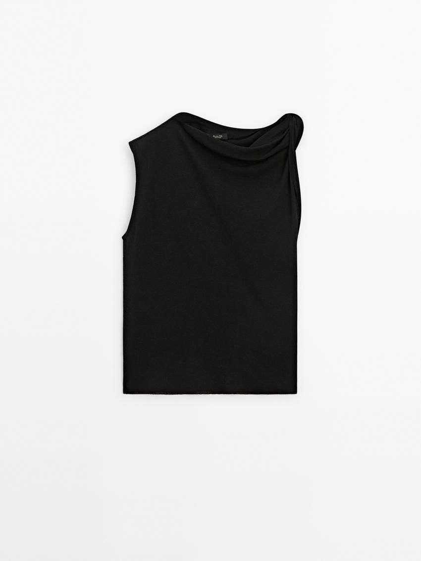 Massimo Dutti Cotton Draped Shoulder Women Top Black | US-YB8273156