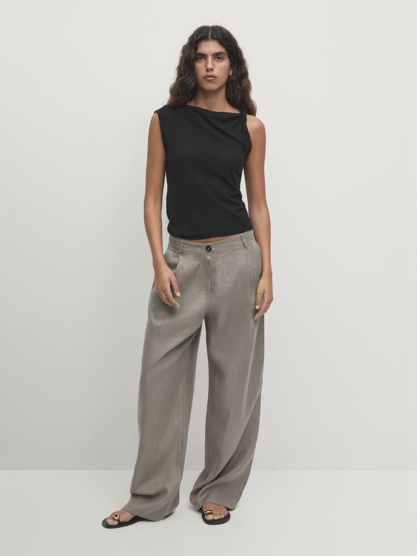 Massimo Dutti Cotton Draped Shoulder Women Top Black | US-YB8273156