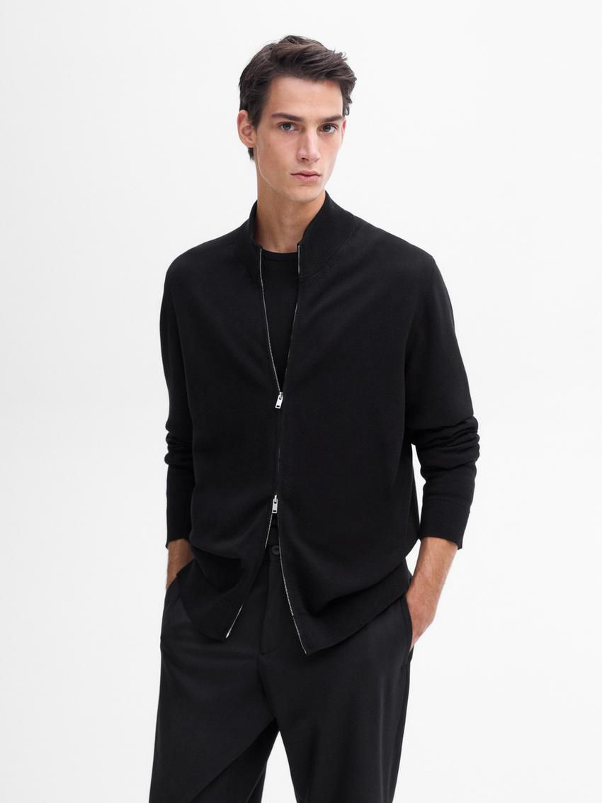 Massimo Dutti Cotton Fine Knit Men Cardigan Black | US-VO8143925