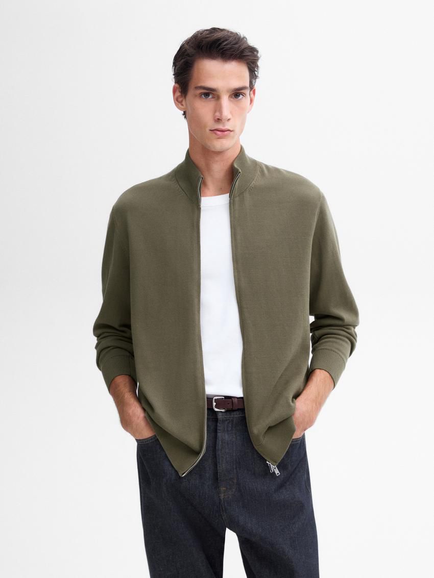 Massimo Dutti Cotton Fine Knit Men Cardigan Khaki | US-HE4537618