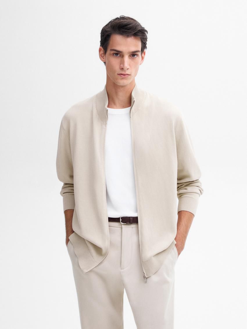 Massimo Dutti Cotton Fine Knit Men Cardigan Beige | US-NA2398465