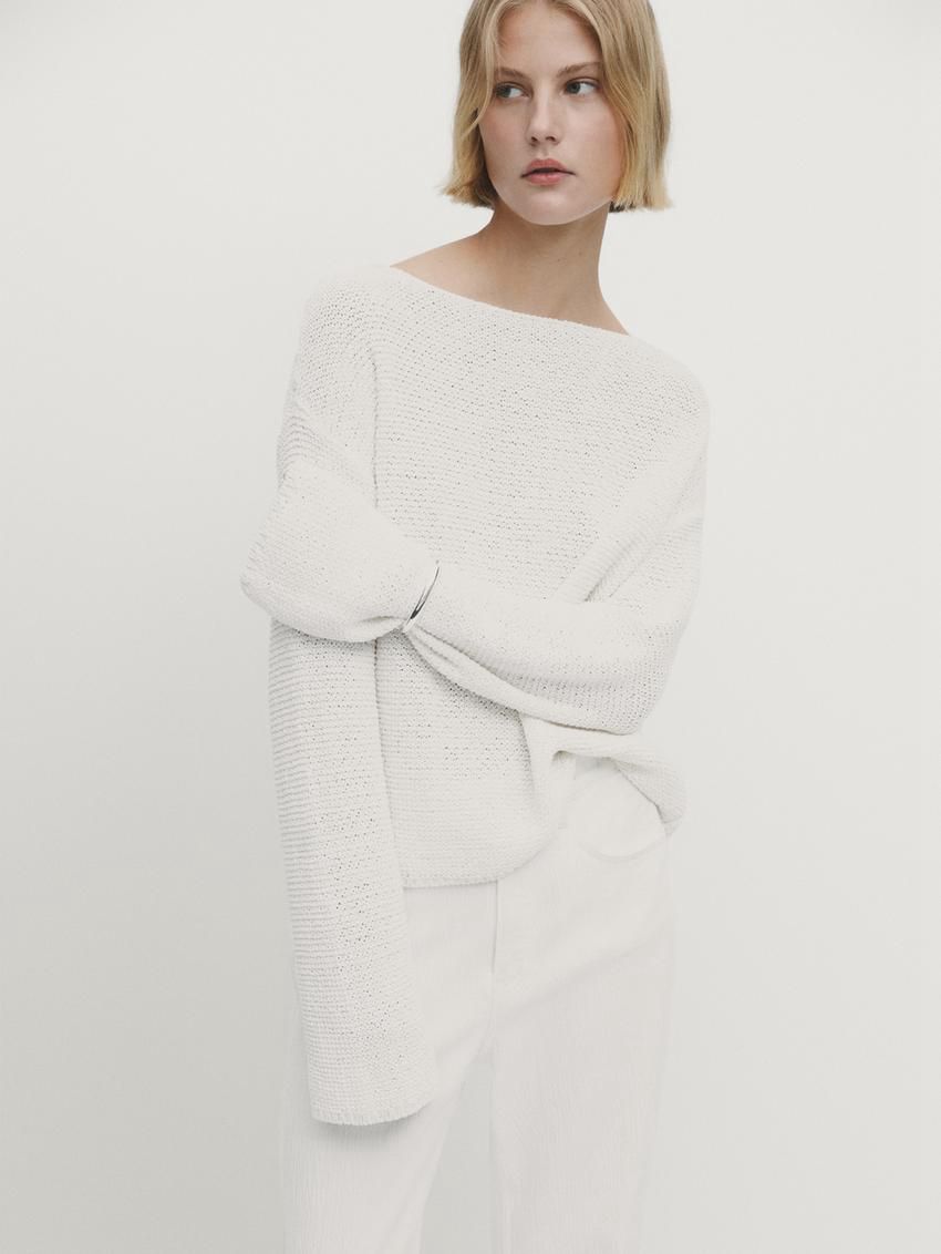 Massimo Dutti Cotton Knit Boat Neck Women Sweater Cream | US-LV1265893