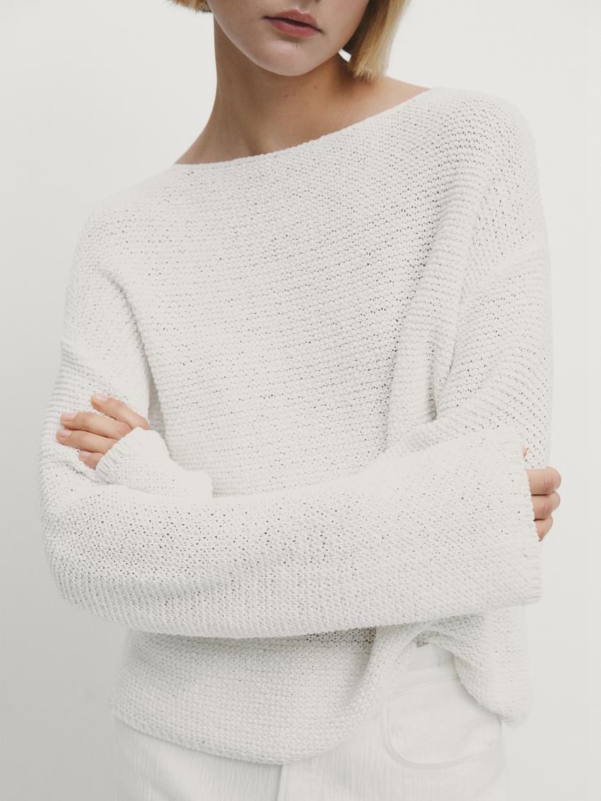 Massimo Dutti Cotton Knit Boat Neck Women Sweater Cream | US-LV1265893