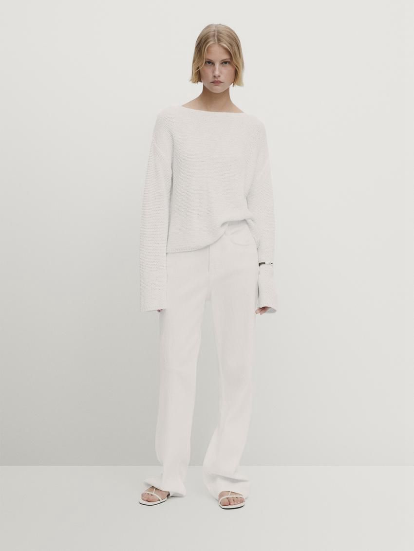 Massimo Dutti Cotton Knit Boat Neck Women Sweater Cream | US-LV1265893