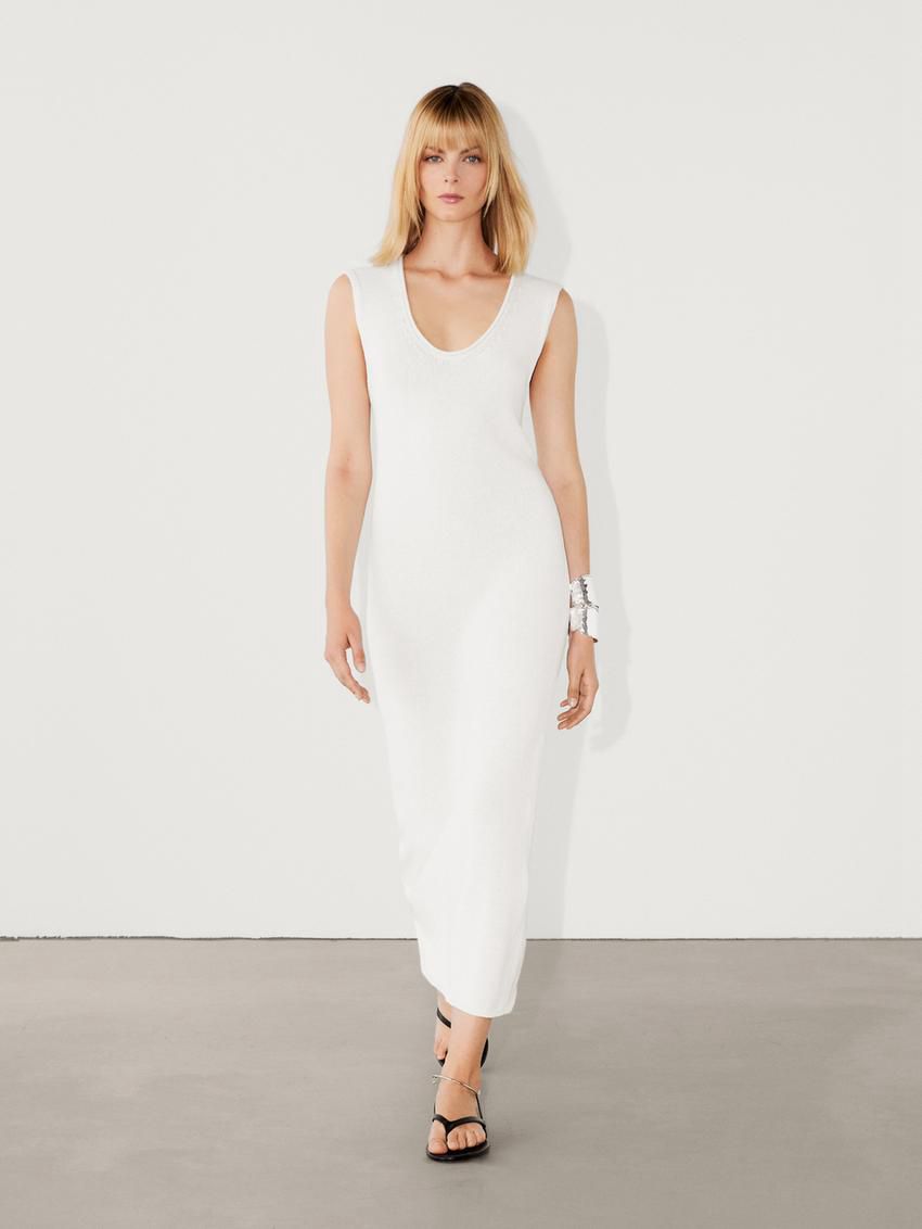 Massimo Dutti Cotton Knit Midi Women Dress White | US-AN0314568