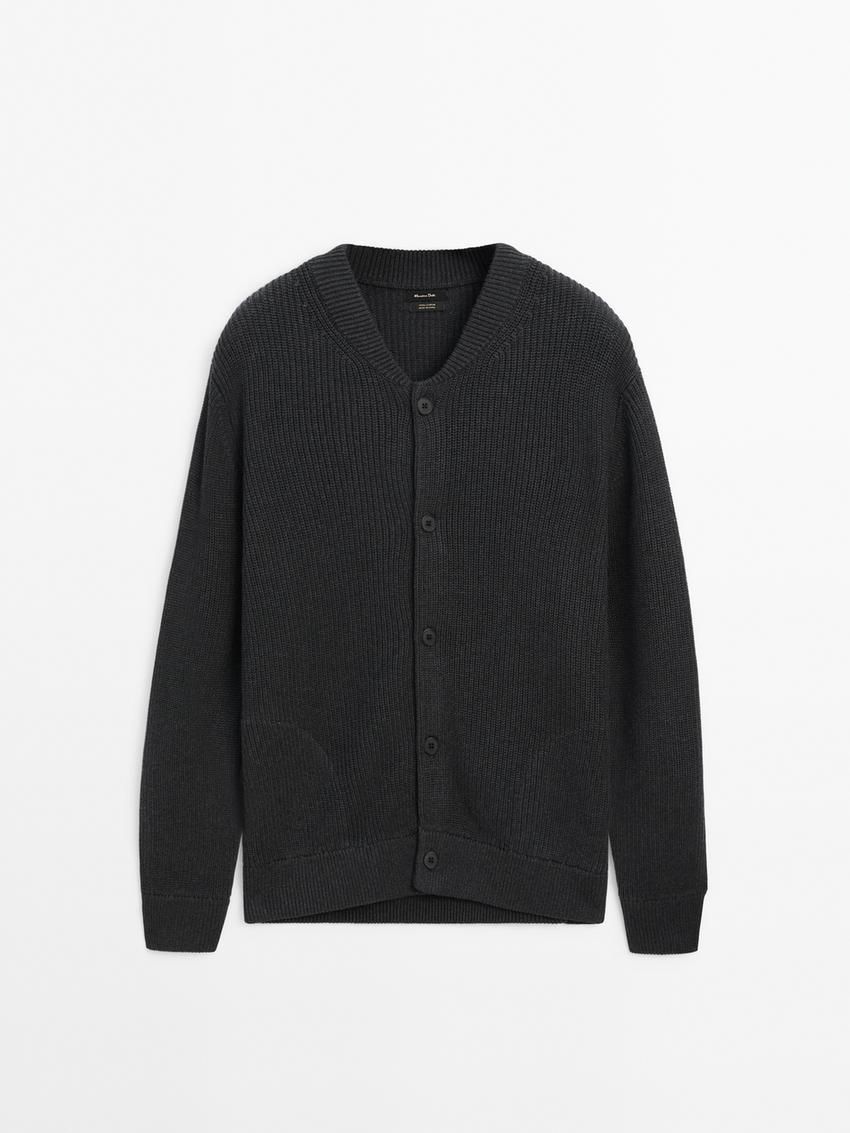 Massimo Dutti Cotton Knit Pockets Men Cardigan Dark Grey | US-VX7582106