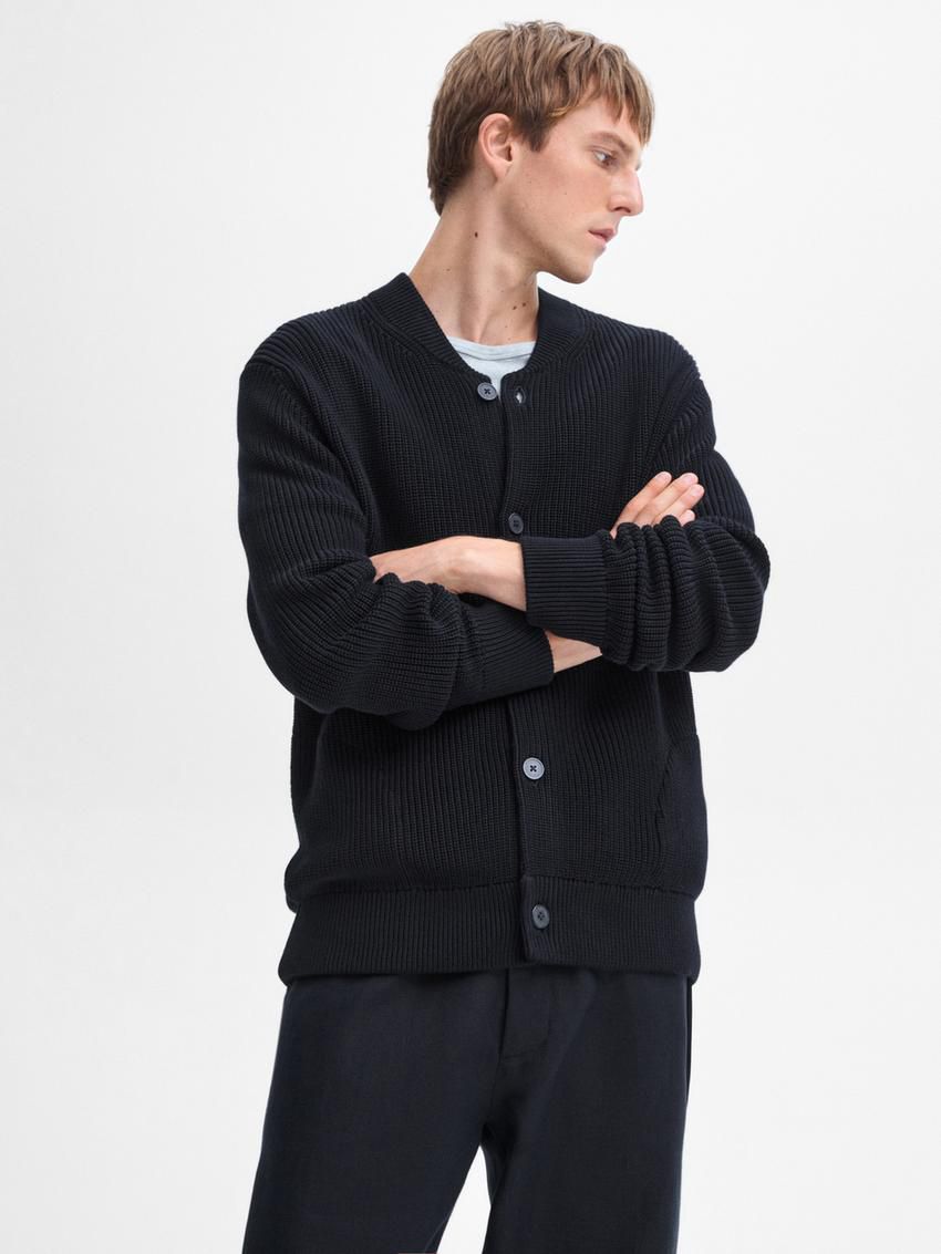 Massimo Dutti Cotton Knit Pockets Men Cardigan Navy | US-GQ2865794