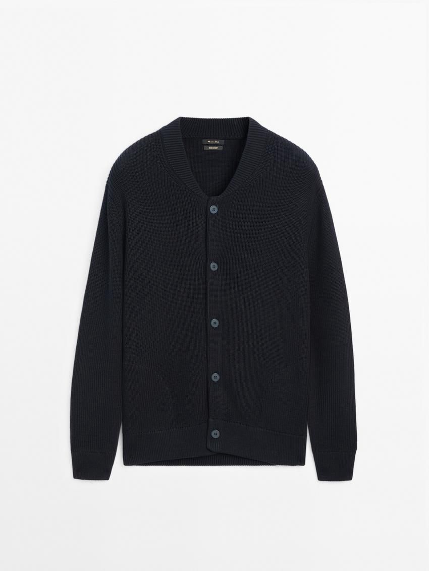 Massimo Dutti Cotton Knit Pockets Men Cardigan Navy | US-GQ2865794