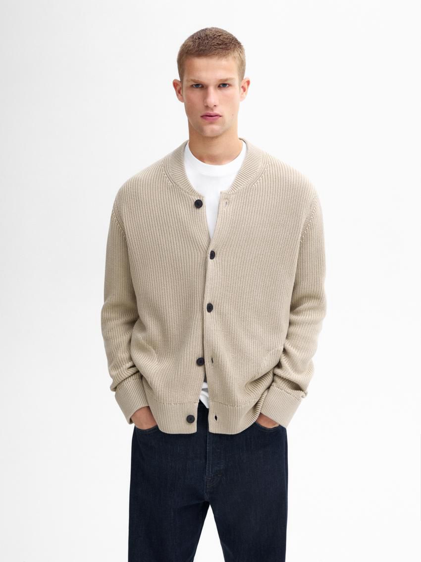 Massimo Dutti Cotton Knit Pockets Men Cardigan Beige | US-PU9402815