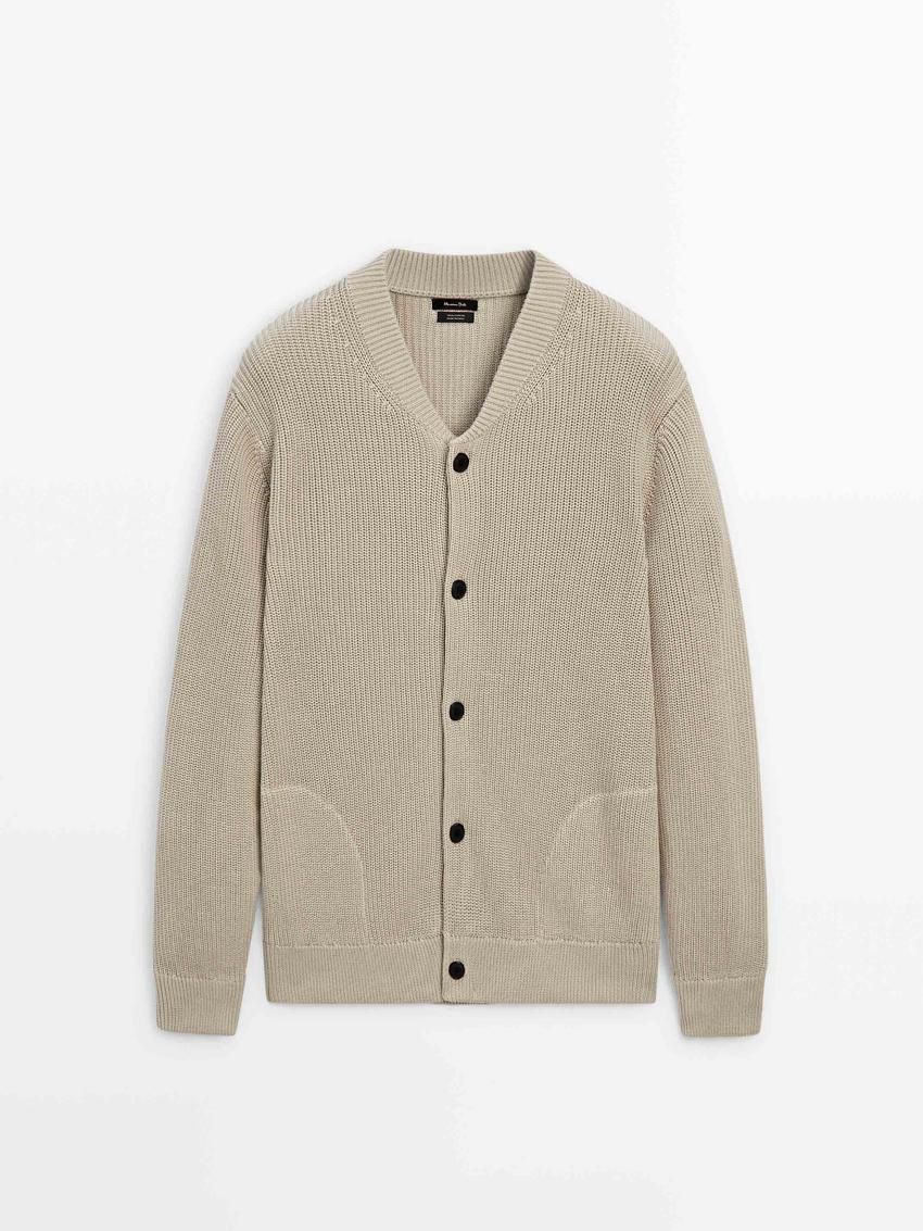 Massimo Dutti Cotton Knit Pockets Men Cardigan Beige | US-PU9402815