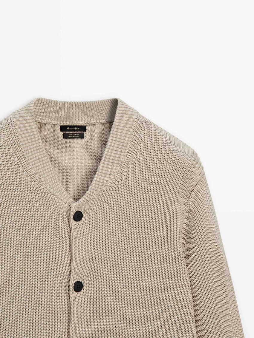 Massimo Dutti Cotton Knit Pockets Men Cardigan Beige | US-PU9402815