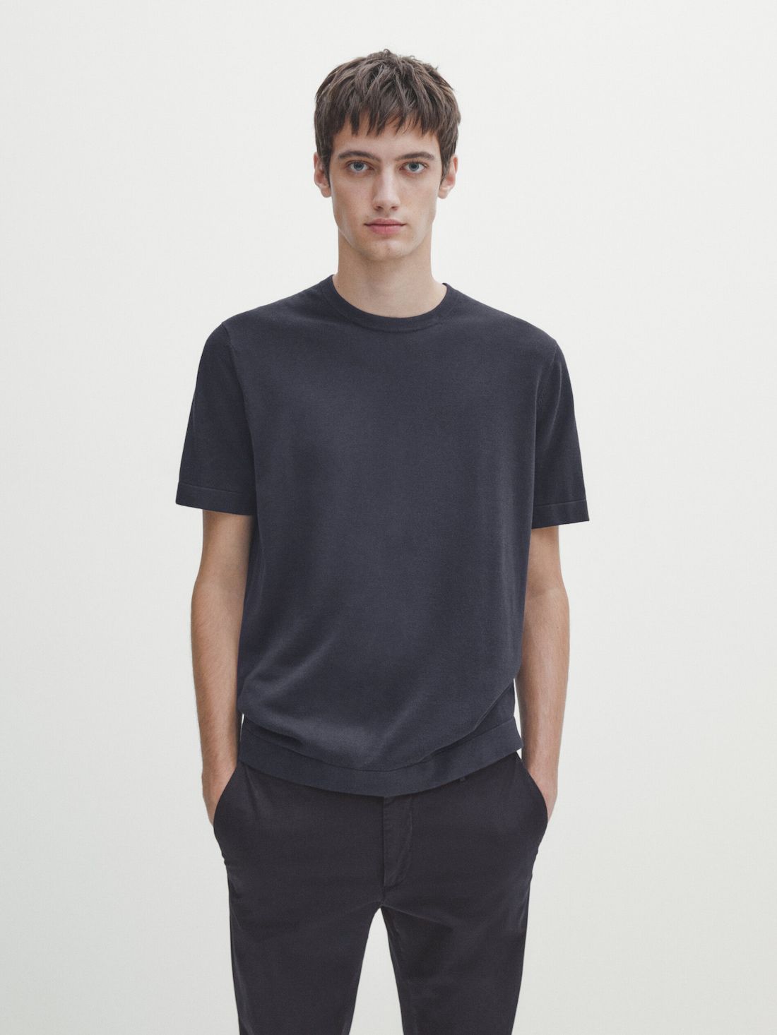 Massimo Dutti Cotton Knit Short Sleeve Men T-Shirt Navy | US-JP6590723