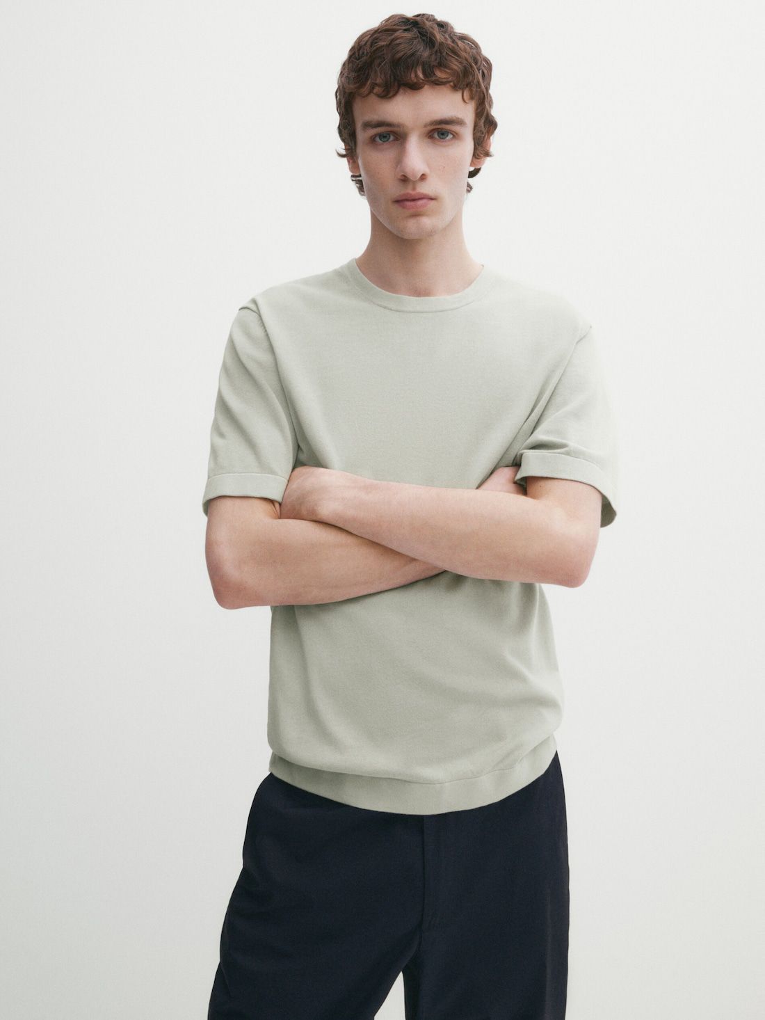 Massimo Dutti Cotton Knit Short Sleeve Men T-Shirt Light Green | US-EW1904867