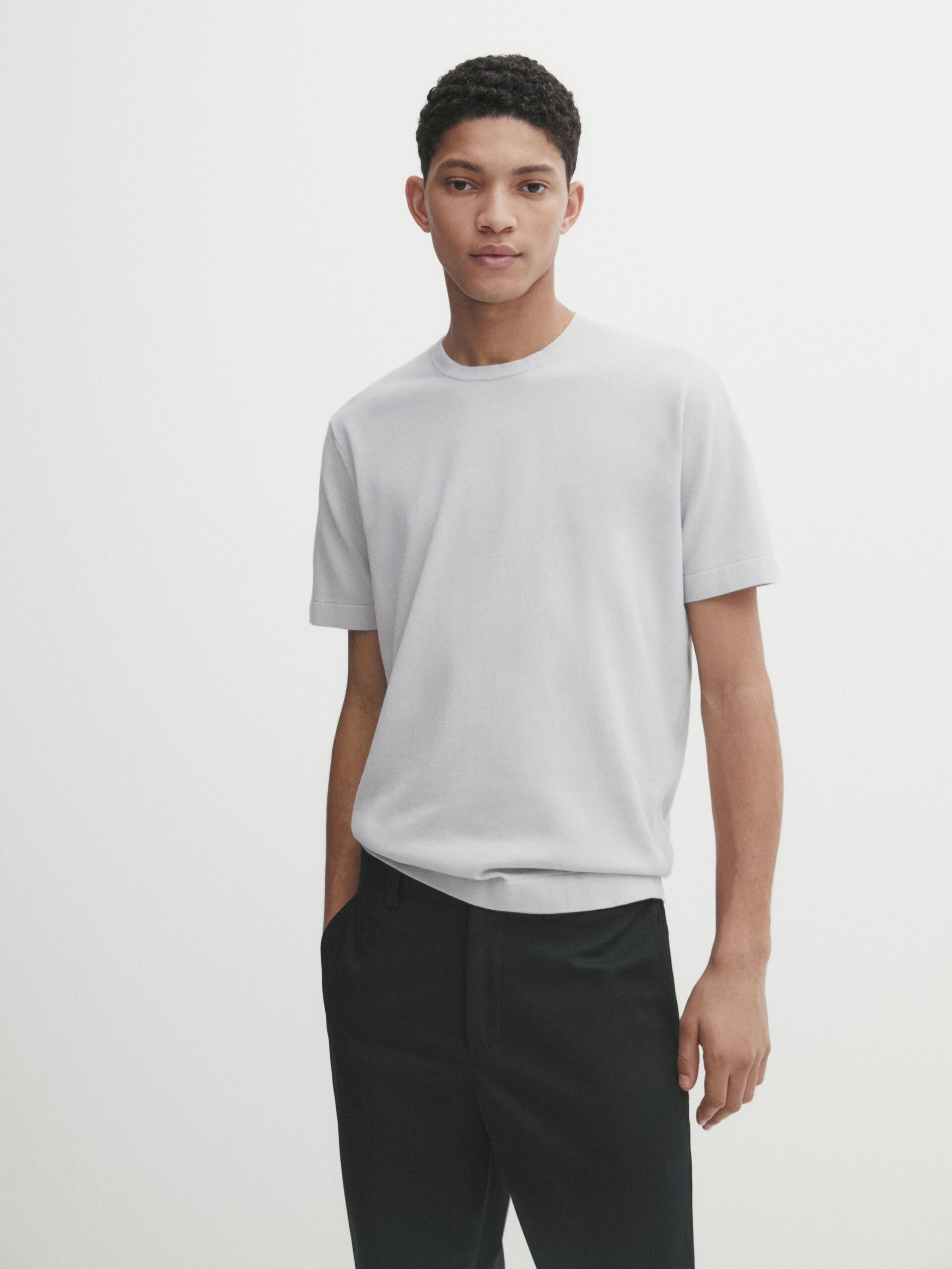 Massimo Dutti Cotton Knit Short Sleeve Men T-Shirt Light Grey | US-XF3498710
