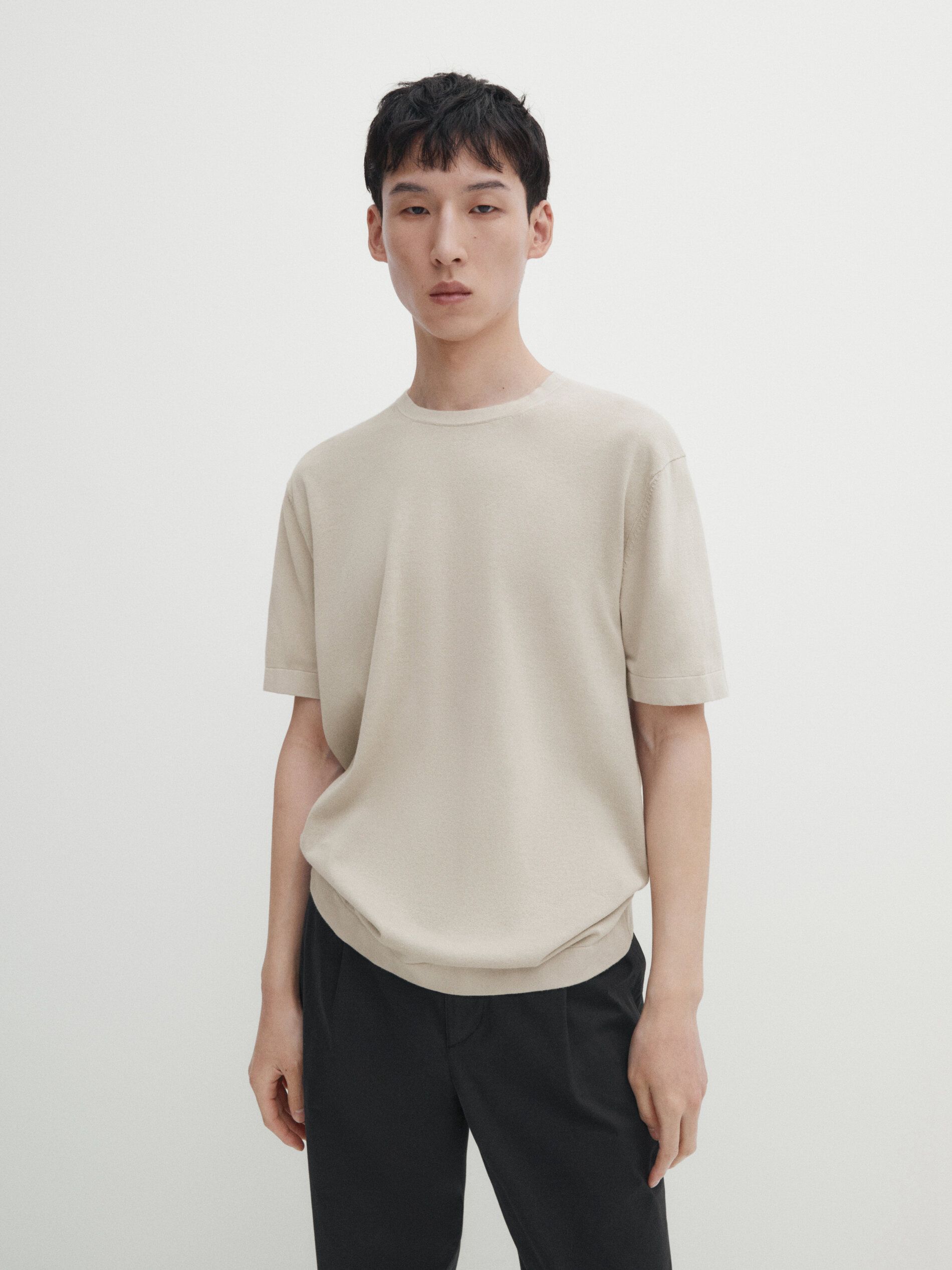 Massimo Dutti Cotton Knit Short Sleeve Men T-Shirt Beige | US-OV7985364