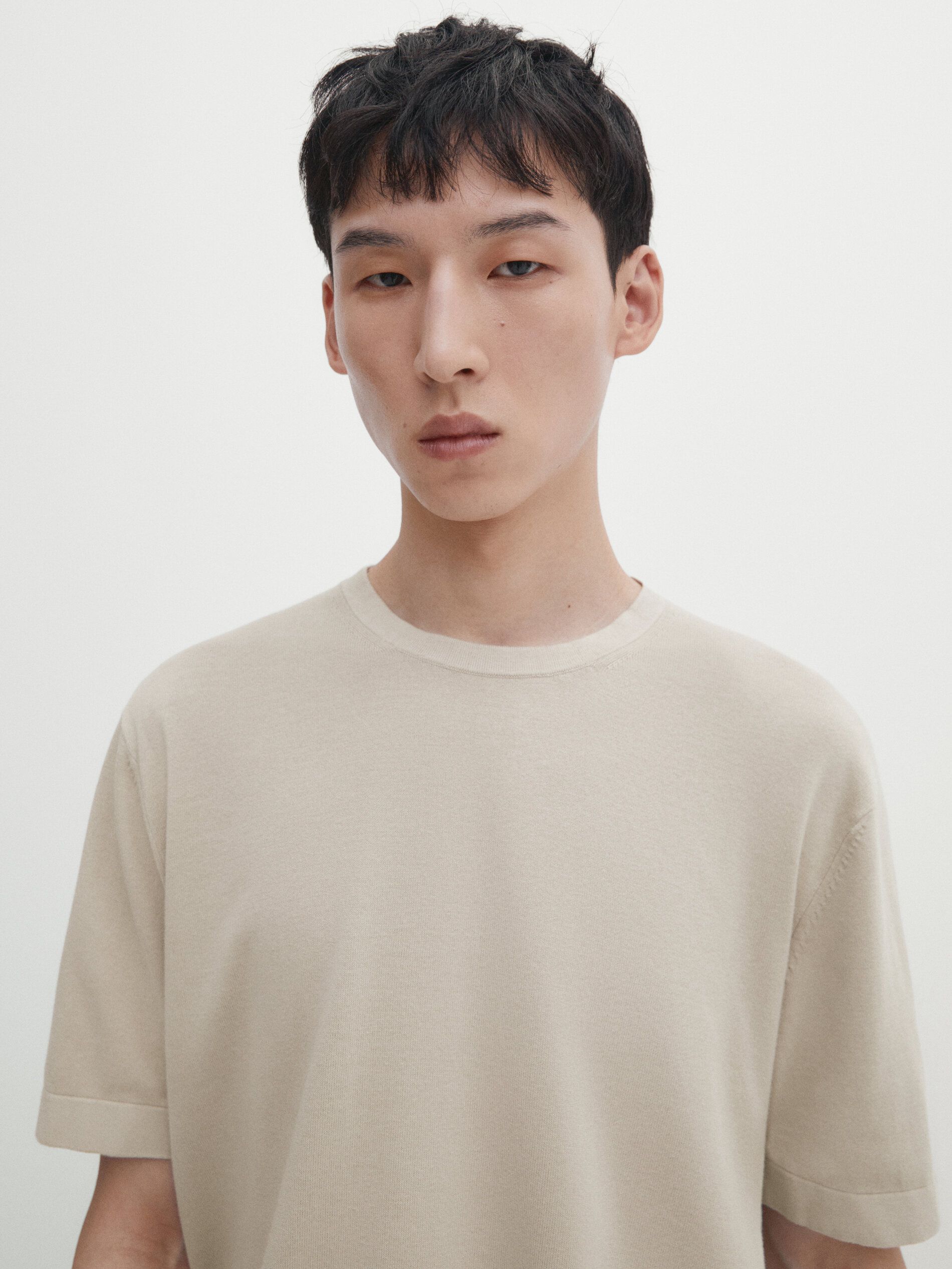 Massimo Dutti Cotton Knit Short Sleeve Men T-Shirt Beige | US-OV7985364