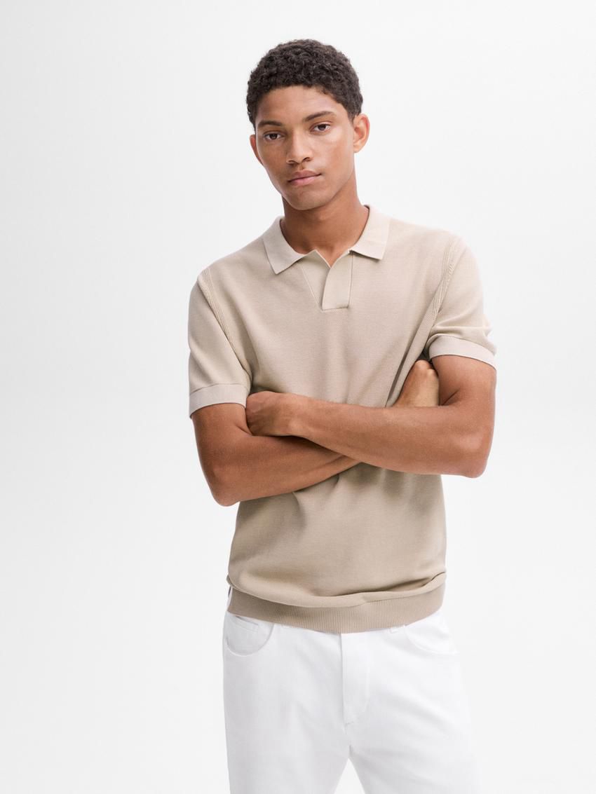 Massimo Dutti Cotton Knit Sweater With Short Sleeves Men Polo Shirt Beige | US-WU9846052