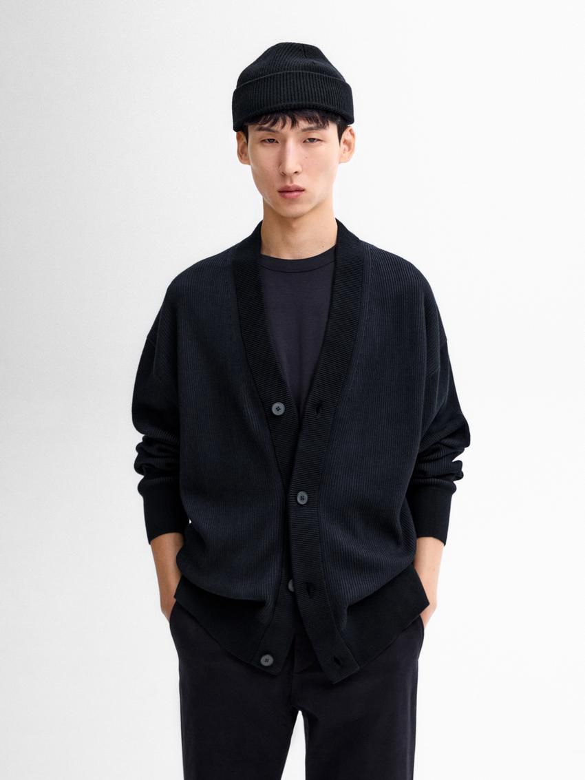 Massimo Dutti Cotton Knit With Buttons Men Cardigan Navy | US-KP0876941
