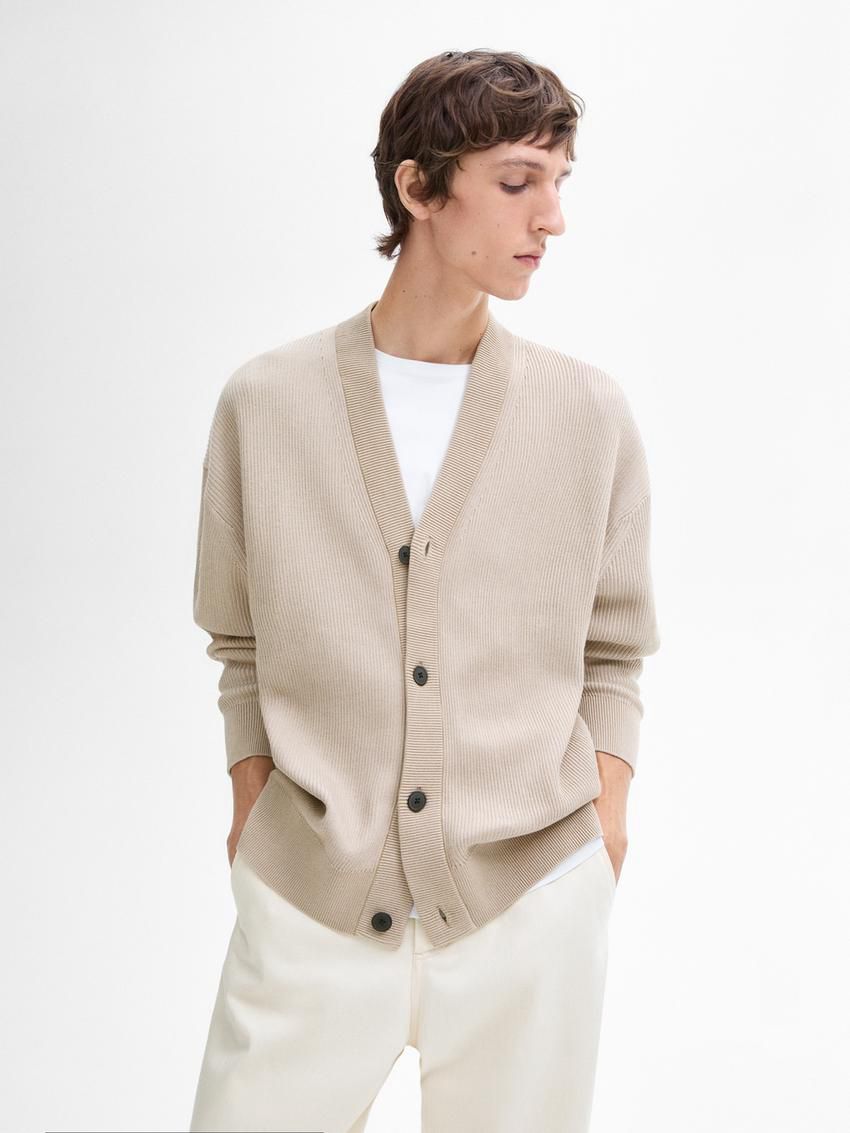 Massimo Dutti Cotton Knit With Buttons Men Cardigan Beige | US-MY4836951