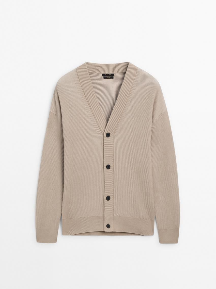 Massimo Dutti Cotton Knit With Buttons Men Cardigan Beige | US-MY4836951