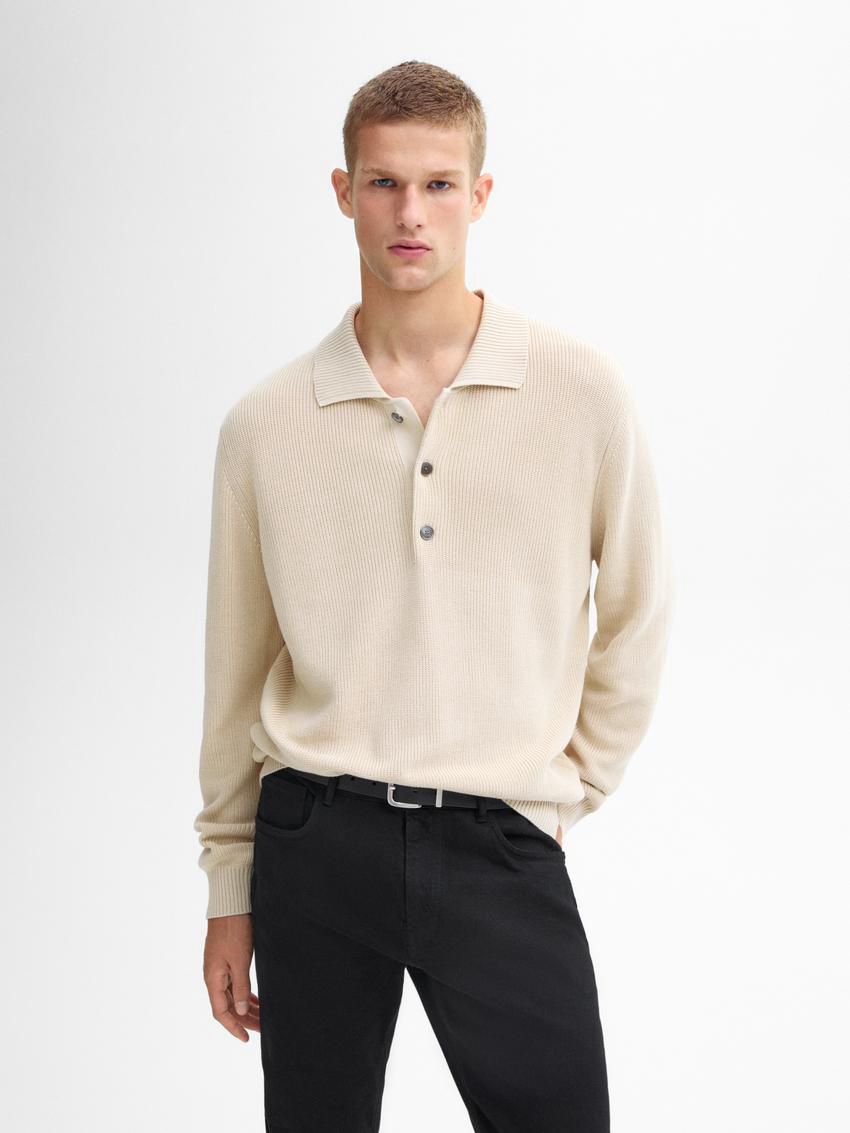 Massimo Dutti Cotton Knit With Polo Collar Men Sweater Beige | US-GL0475136