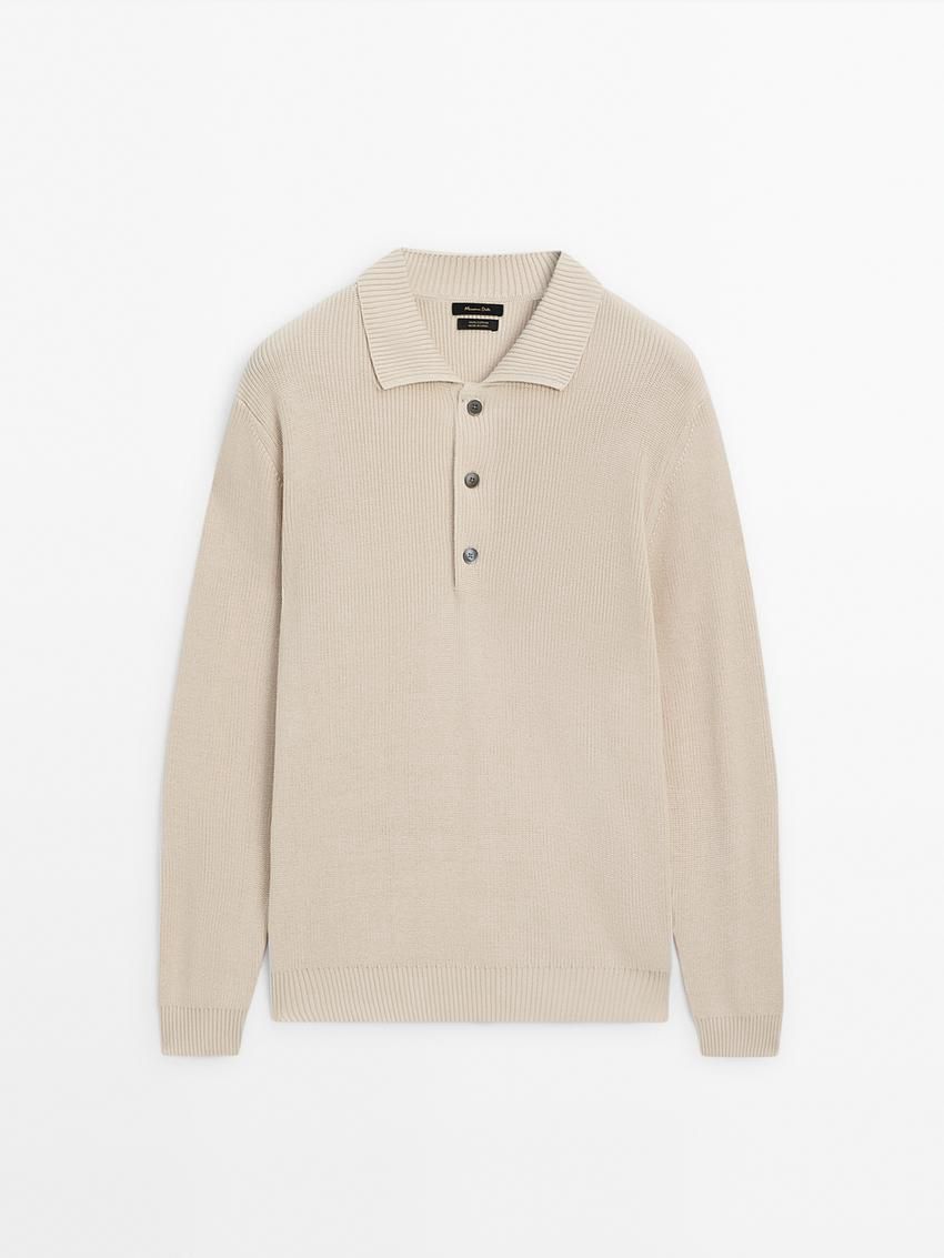 Massimo Dutti Cotton Knit With Polo Collar Men Sweater Beige | US-GL0475136