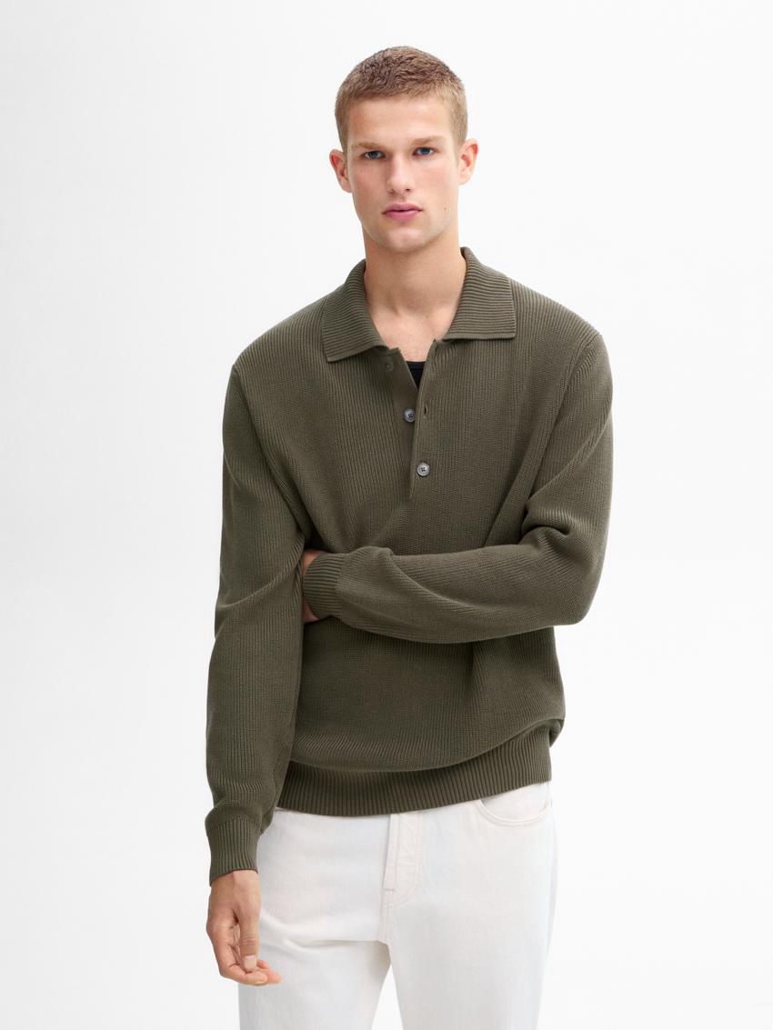 Massimo Dutti Cotton Knit With Polo Collar Men Sweater Khaki | US-YE0192543