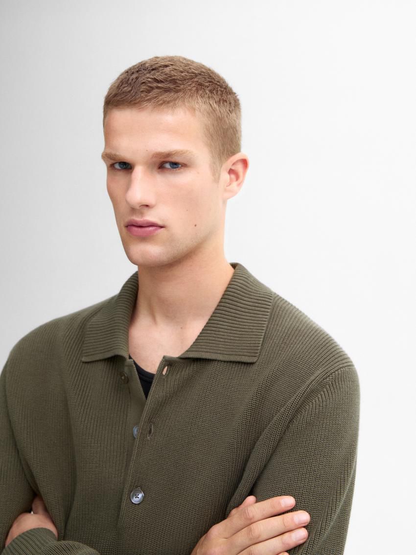 Massimo Dutti Cotton Knit With Polo Collar Men Sweater Khaki | US-YE0192543