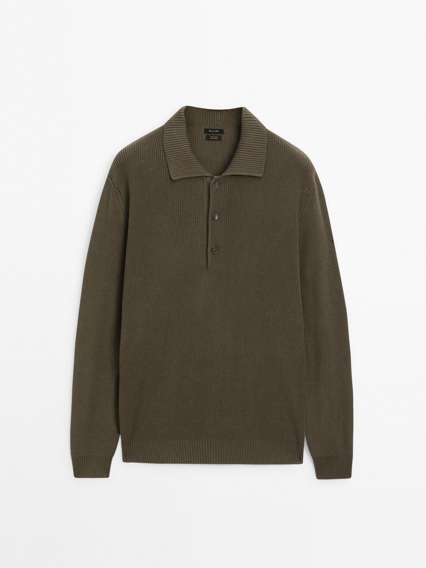Massimo Dutti Cotton Knit With Polo Collar Men Sweater Khaki | US-YE0192543
