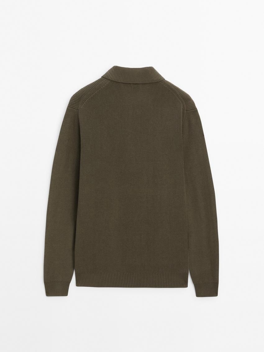 Massimo Dutti Cotton Knit With Polo Collar Men Sweater Khaki | US-YE0192543