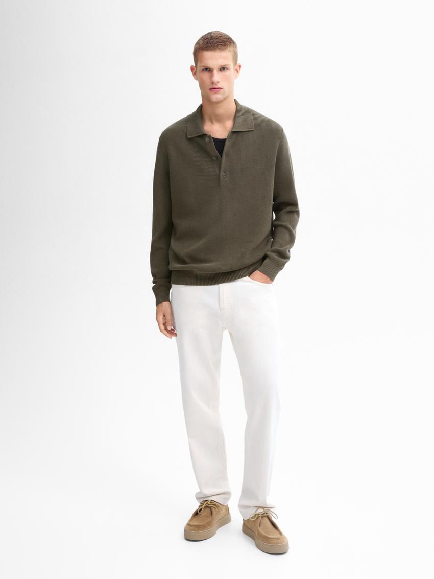 Massimo Dutti Cotton Knit With Polo Collar Men Sweater Khaki | US-YE0192543