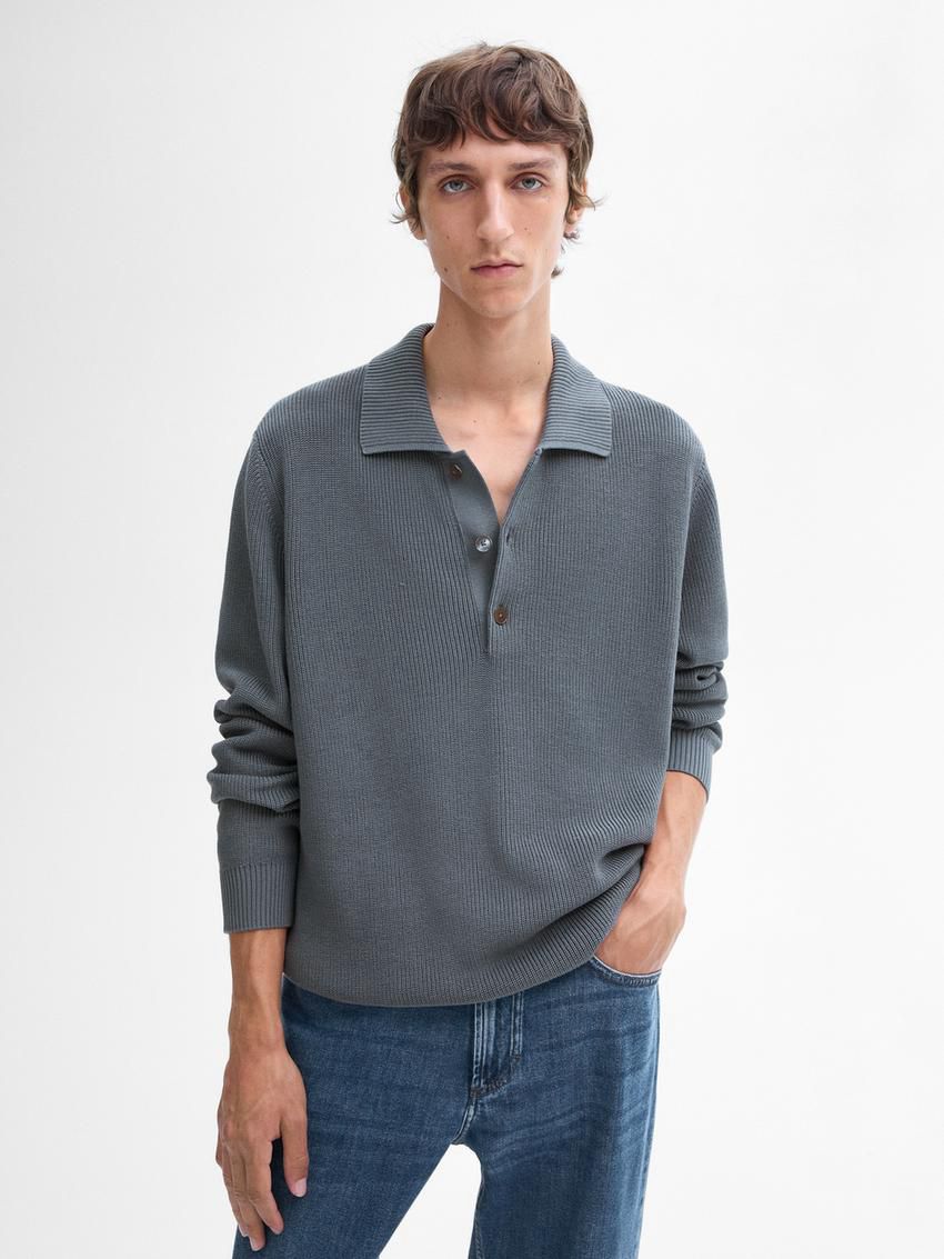 Massimo Dutti Cotton Knit With Polo Collar Men Sweater Blue | US-XC8205317