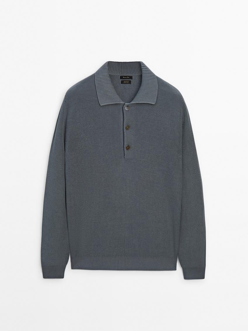 Massimo Dutti Cotton Knit With Polo Collar Men Sweater Blue | US-XC8205317